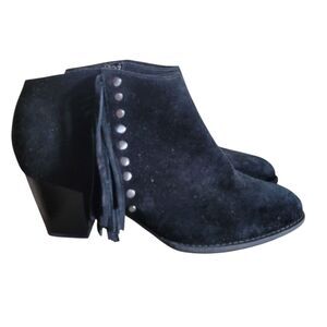 Vionic Faros Fringe Ankle Booties Women Size 8 Black Suede Western Boho Festival
